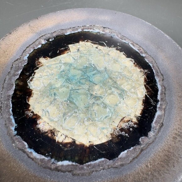 Hand Made Crystalline Pottery Round Wasabi Dipping Dish Plate Signed Crafted VTG - Picture 6 of 13